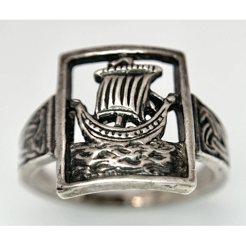 1022 - Vintage NORDIC SILVER RING having CELTIC DETAIL BAND with cut-out  VIKING SHIP to top. Size P - P 1/... 