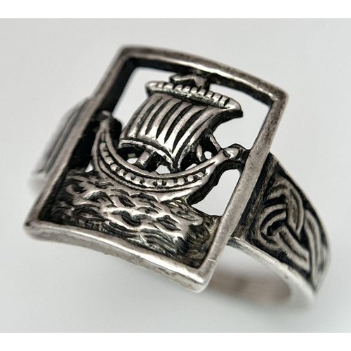 1022 - Vintage NORDIC SILVER RING having CELTIC DETAIL BAND with cut-out  VIKING SHIP to top. Size P - P 1/... 