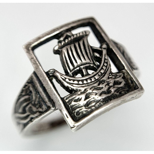 1022 - Vintage NORDIC SILVER RING having CELTIC DETAIL BAND with cut-out  VIKING SHIP to top. Size P - P 1/... 