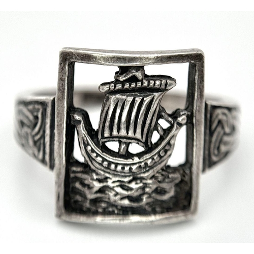 1022 - Vintage NORDIC SILVER RING having CELTIC DETAIL BAND with cut-out  VIKING SHIP to top. Size P - P 1/... 