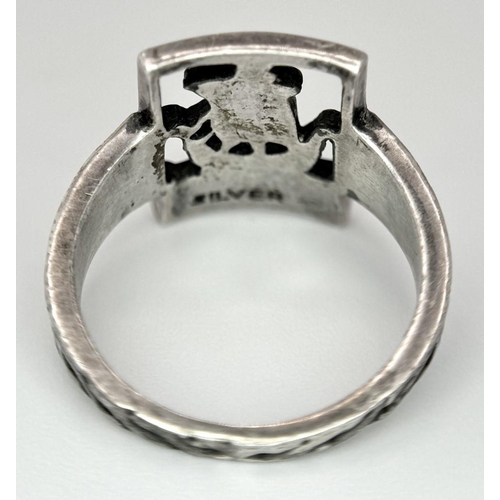 1022 - Vintage NORDIC SILVER RING having CELTIC DETAIL BAND with cut-out  VIKING SHIP to top. Size P - P 1/... 