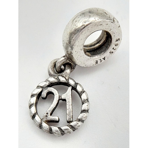 1121 - A PANDORA STERLING SILVER 21 DANGLE CHARM. 2.1G, 2CM LENGTH. Ref: SC 9019