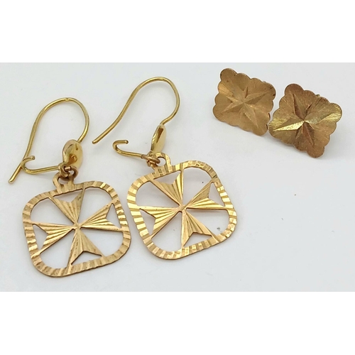 1181 - Two Pairs of 9K Gold Earrings - Includes a pair of decorative Maltese Cross earrings. 2.58g total we... 