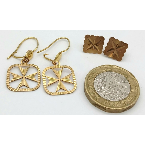 1181 - Two Pairs of 9K Gold Earrings - Includes a pair of decorative Maltese Cross earrings. 2.58g total we... 