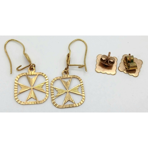 1181 - Two Pairs of 9K Gold Earrings - Includes a pair of decorative Maltese Cross earrings. 2.58g total we... 