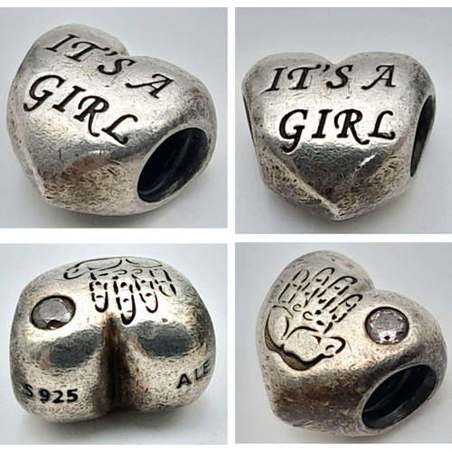 1182 - A PANDORA STERLING SILVER PINK STONE SET HANDPRINT 'IT’S A GIRL' CHARM. 3.9G.