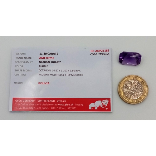 1185 - A 11.30ct Bolivian Amethyst Gemstone, in the Octagon Shape. Comes with GFCO Certificate.