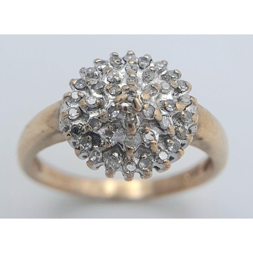 554 - A 9k yellow gold diamond cluster ring, 0.20ct diamond weight, 3.8g total weight, size P 1/2. Ref: 62... 