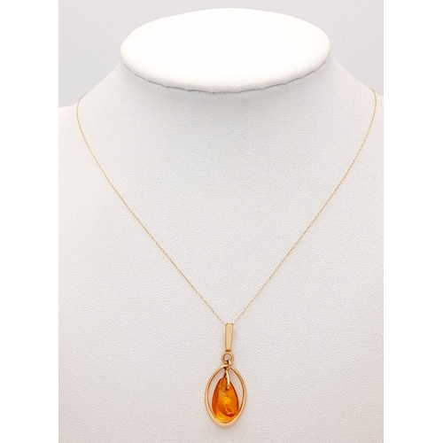 591 - A 4 Carat Yellow Gold, Tear Drop Cut, Amber Pendant Necklace. 41cm Length, Pendant Measures 3cm Drop... 