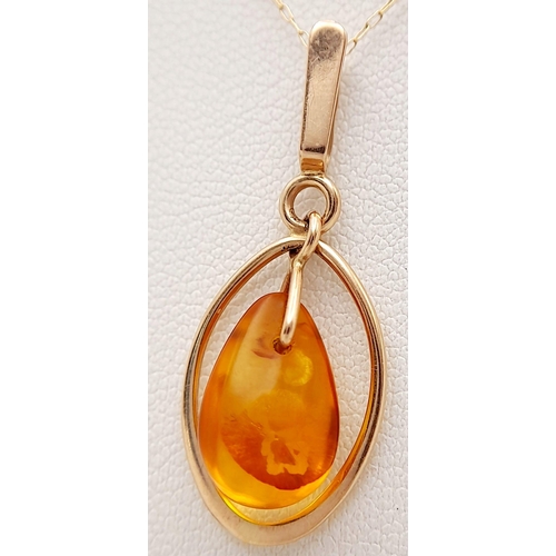 591 - A 4 Carat Yellow Gold, Tear Drop Cut, Amber Pendant Necklace. 41cm Length, Pendant Measures 3cm Drop... 