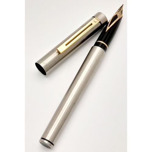 595 - Vintage SHEAFFER FOUNTAIN PEN. Brushed Stainless Steel Finish with 14 Karat GOLD NIB. Excellent cond... 