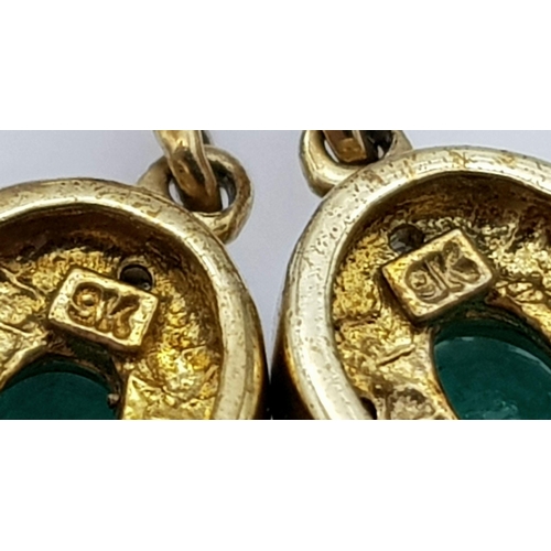 615 - A 9K YELLOW GOLD DIAMOND & EMERALD DROP EARRINGS 2.2G , 2.5CM DROP. Ref: JB 7011