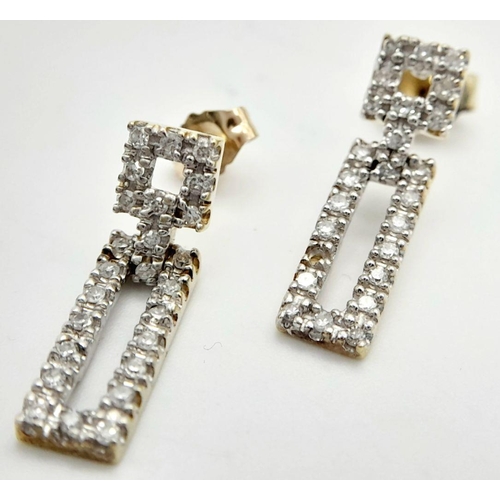 622 - A PAIR OF 9K YELLOW GOLD DIAMOND SET DROP EARRINGS. 1.8G TOTAL WEIGHT, 1.8CM LENGTH. Ref: JB 7012