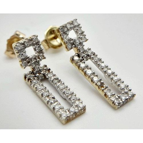 622 - A PAIR OF 9K YELLOW GOLD DIAMOND SET DROP EARRINGS. 1.8G TOTAL WEIGHT, 1.8CM LENGTH. Ref: JB 7012