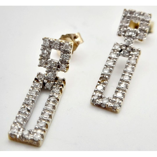 622 - A PAIR OF 9K YELLOW GOLD DIAMOND SET DROP EARRINGS. 1.8G TOTAL WEIGHT, 1.8CM LENGTH. Ref: JB 7012