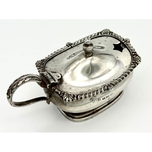 630 - Vintage SILVER MUSTARD POT. Elegant scroll handle with twisted Gadroon and Shell detail to lid. Comp... 