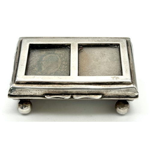 637 - Antique SILVER STAMP BOX. Hallmark for Chester 1900. Double windows to top with Twin compartments be... 