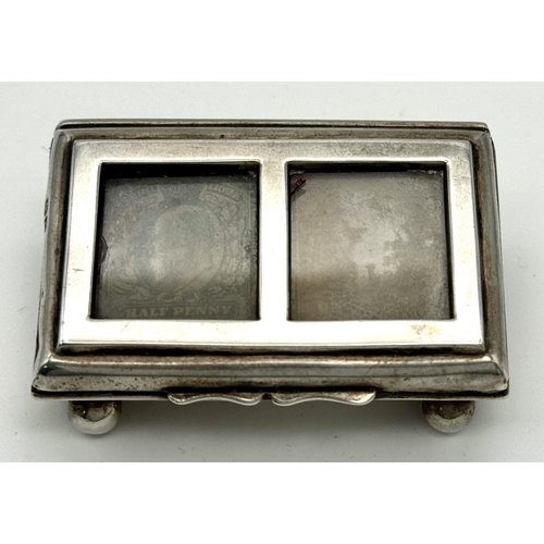 637 - Antique SILVER STAMP BOX. Hallmark for Chester 1900. Double windows to top with Twin compartments be... 