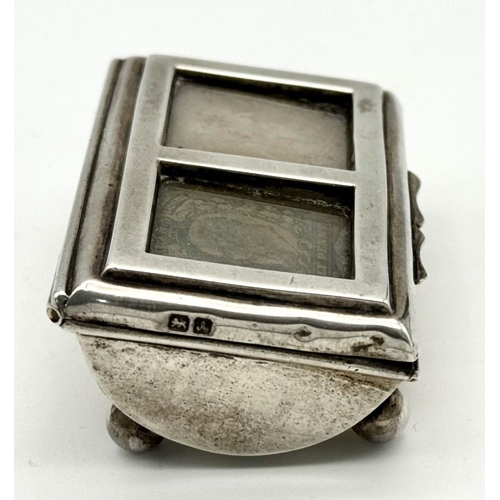 637 - Antique SILVER STAMP BOX. Hallmark for Chester 1900. Double windows to top with Twin compartments be... 