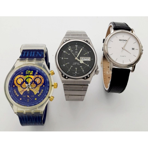 787 - Three Vintage Collectible Men’s Watches Comprising 1) A 1994 Swatch ‘Remember Sarajevo Olympic’ Chro... 