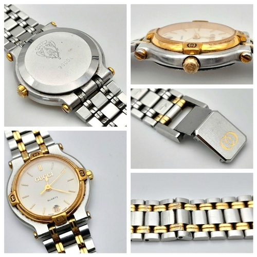 790 - A GUCCI 2 TONE LADIES BRACELET WATCH 9000L FULL WORKING ORDER. WATCH CASE: 25MM X 24MM. Ref: A/S NN ... 