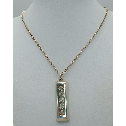 801 - A Unique Heavy, Bevel Edged, 1977 Hallmarked Silver Ingot Necklace (Jubilee Year)- 54cm Length Round... 