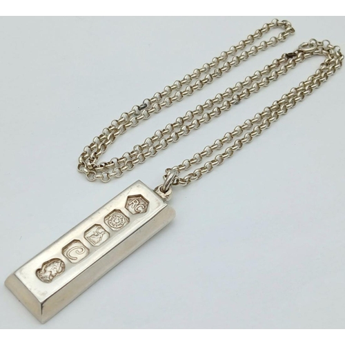 801 - A Unique Heavy, Bevel Edged, 1977 Hallmarked Silver Ingot Necklace (Jubilee Year)- 54cm Length Round... 