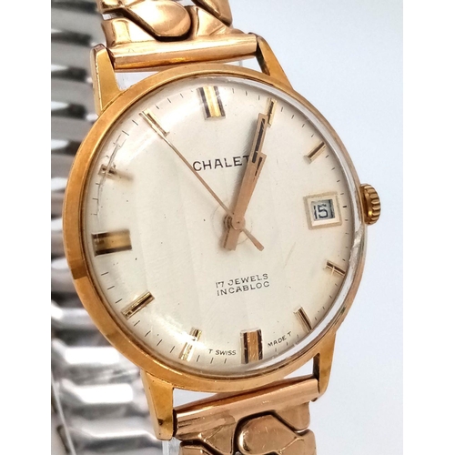 819 - Gentleman’s vintage CHALET WRISTWATCH. Gold plated with sweeping second hand and date window. 17 Jew... 