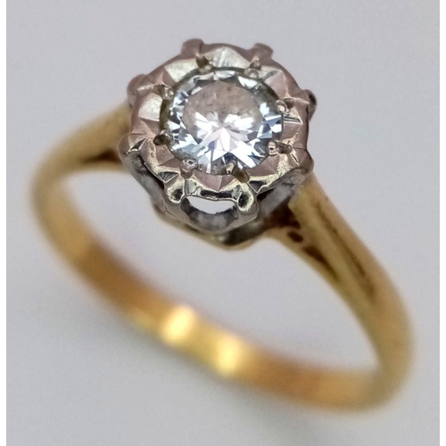 883 - An 18K Yellow Gold Diamond Solitaire Ring. Size N. A 0.30ct brilliant round cut diamond. 3g total we... 