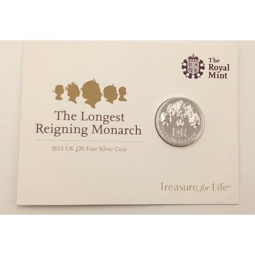 892 - A Royal Mint 2015 Fine Silver £20 Coin Entitled ‘The Longest Reigning Monarch’. In Sealed Pack, Mint... 