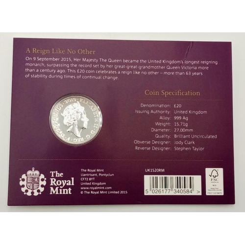 892 - A Royal Mint 2015 Fine Silver £20 Coin Entitled ‘The Longest Reigning Monarch’. In Sealed Pack, Mint... 