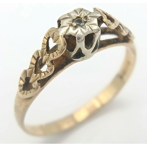 895 - A Vintage 9K Yellow Gold Diamond Ring. Solitary small diamond in a raised setting. Size M. 1.55g.