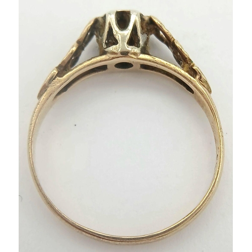 895 - A Vintage 9K Yellow Gold Diamond Ring. Solitary small diamond in a raised setting. Size M. 1.55g.