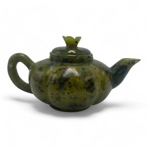 1604 - A fine antique Chinese Serpentine jade Teapot Set with Cups and Tray. Vibrant green with black natur... 