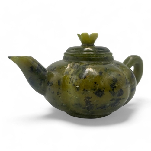 1604 - A fine antique Chinese Serpentine jade Teapot Set with Cups and Tray. Vibrant green with black natur... 