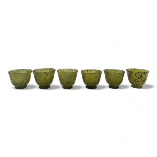 1604 - A fine antique Chinese Serpentine jade Teapot Set with Cups and Tray. Vibrant green with black natur... 