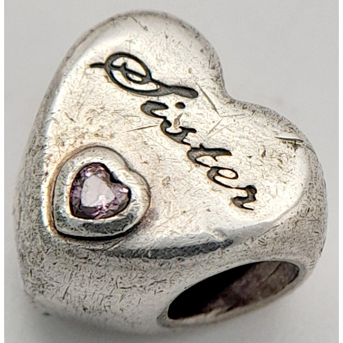 1219 - A PANDORA STERLING SILVER STONE SET SISTER HEART CHARM. 11mm x 11mm, 3.8G TOTAL WEIGHT. Ref: SC 9005