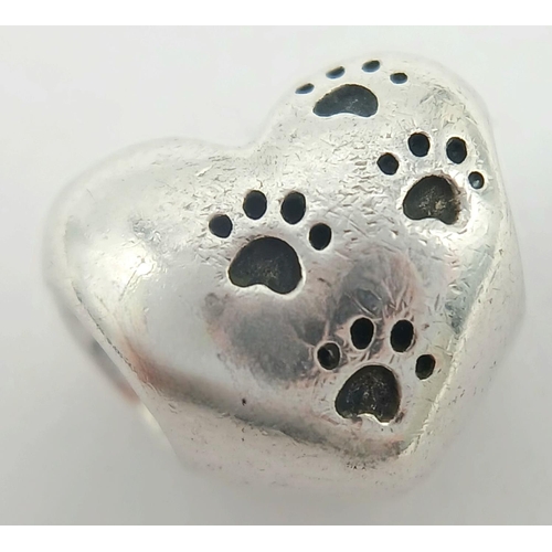 1283 - A PANDORA STERLING SILVER HEART PAW PRINT 'MY SWEET PET' CHARM. 3.8G. Ref: SC 9007