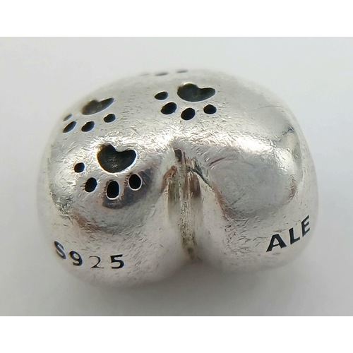 1283 - A PANDORA STERLING SILVER HEART PAW PRINT 'MY SWEET PET' CHARM. 3.8G. Ref: SC 9007