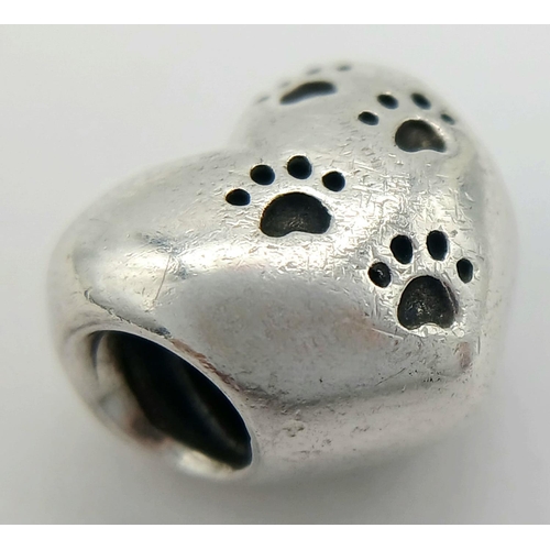 1283 - A PANDORA STERLING SILVER HEART PAW PRINT 'MY SWEET PET' CHARM. 3.8G. Ref: SC 9007