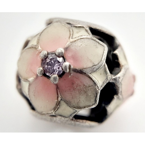 1357 - A PANDORA STERLING SILVER STONE SET & ENAMELLED FLOWER CHARM. 1.7G. Ref: SC 9022