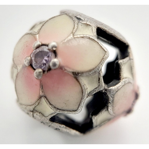 1357 - A PANDORA STERLING SILVER STONE SET & ENAMELLED FLOWER CHARM. 1.7G. Ref: SC 9022