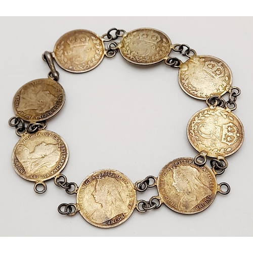 1405 - A  vintage Victoria 1899 coin link bracelet. Total length 19cm. Please see photos for details.