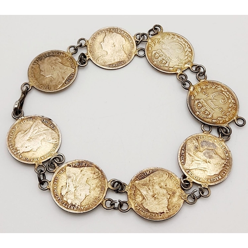 1405 - A  vintage Victoria 1899 coin link bracelet. Total length 19cm. Please see photos for details.