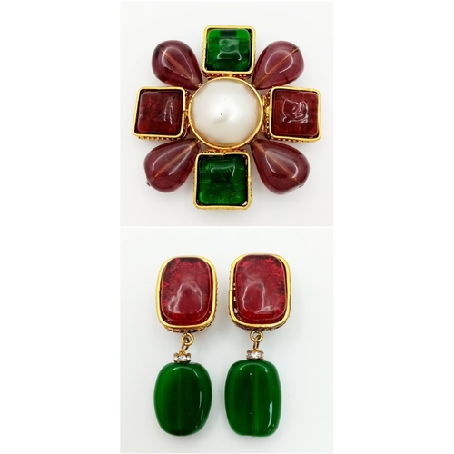 1409 - A Vintage 1970s Chanel Paris Maison Gripoix Jewellery Set - purple, red and green glass and pearl cr... 