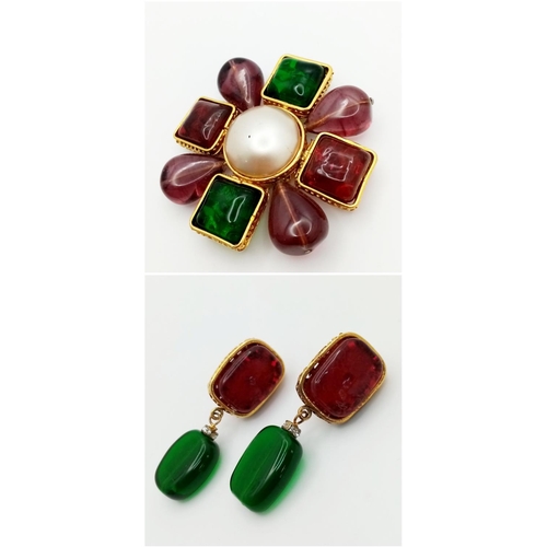 1409 - A Vintage 1970s Chanel Paris Maison Gripoix Jewellery Set - purple, red and green glass and pearl cr... 