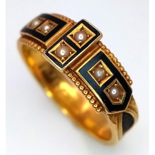 184 - An Antique 15K Yellow Gold, Black Enamel and Pearl Mourning Ring. Chester hallmarks. Size O. 2.7g