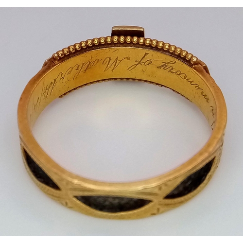 184 - An Antique 15K Yellow Gold, Black Enamel and Pearl Mourning Ring. Chester hallmarks. Size O. 2.7g