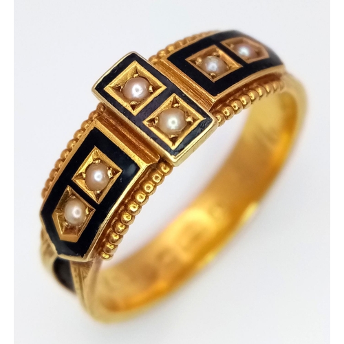 184 - An Antique 15K Yellow Gold, Black Enamel and Pearl Mourning Ring. Chester hallmarks. Size O. 2.7g