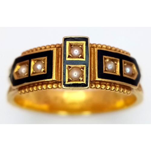 184 - An Antique 15K Yellow Gold, Black Enamel and Pearl Mourning Ring. Chester hallmarks. Size O. 2.7g